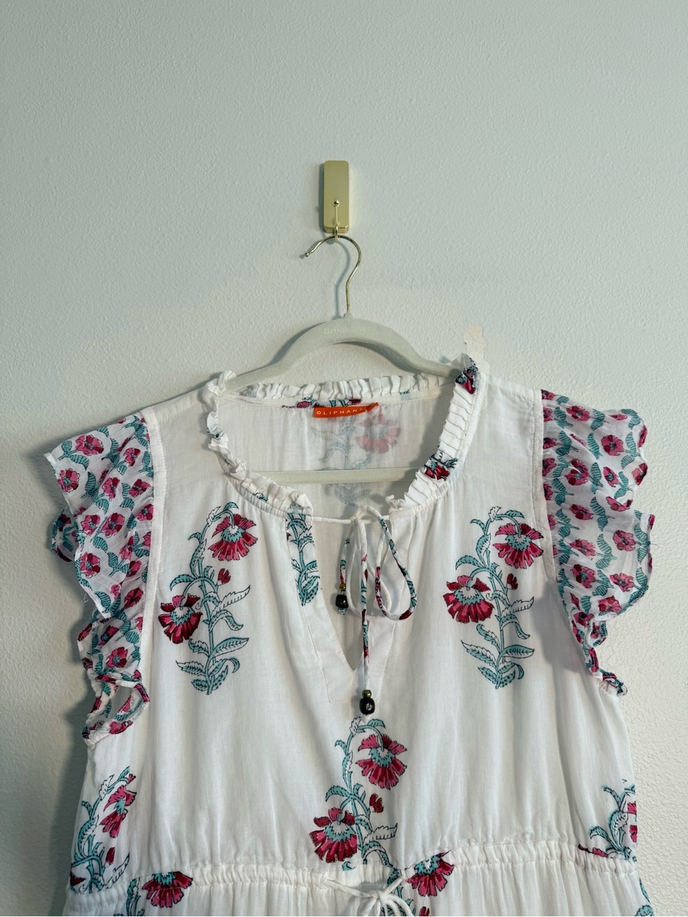 Oliphant Cinched Flirty mini dress cotton voile white pink floral Sz L - Picture 4 of 12